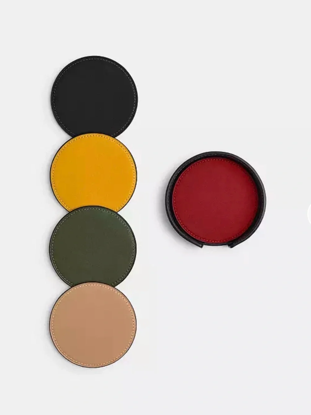 COACH Round Leather Coaster Set in Black, Orange, Red, Green